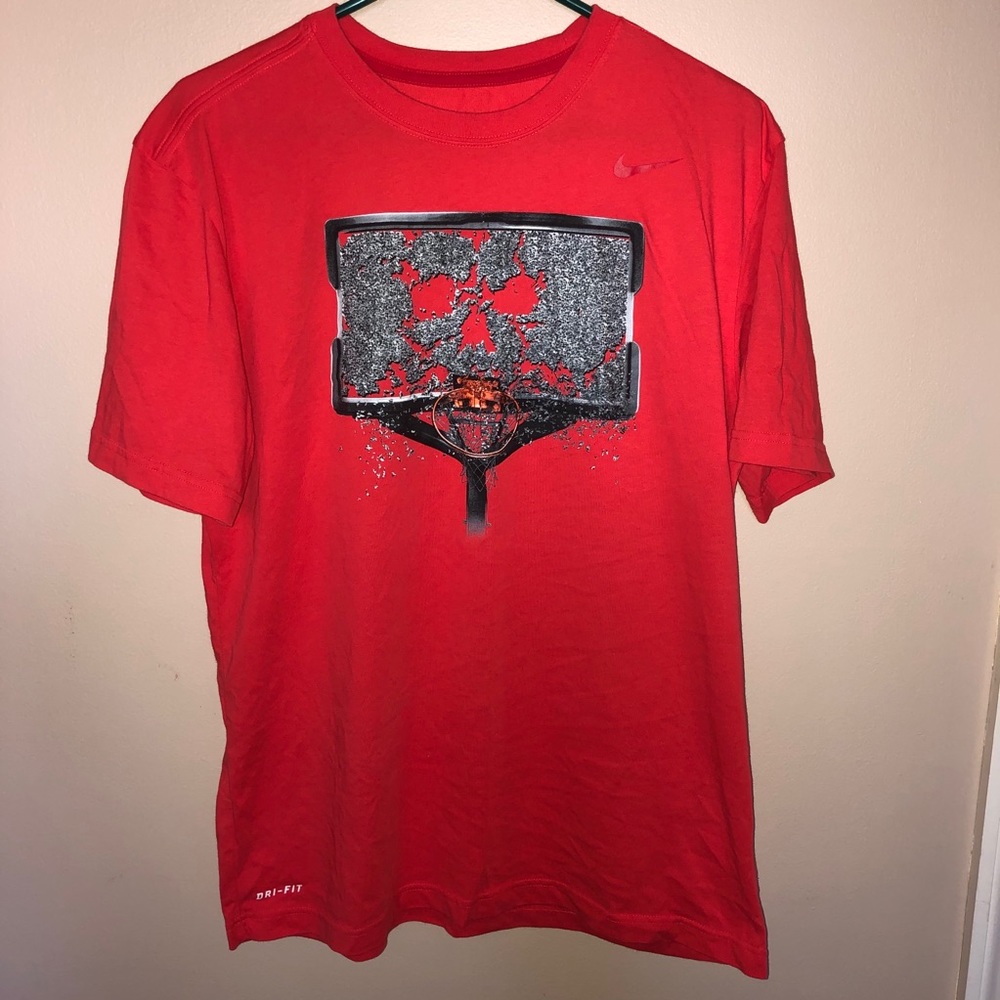 Nike Dri Fit Red Shattered Basketball Hoop Skull Tee